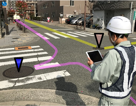 GPS受信機によって現地の情報通信管路位置および土被りを把握することができます。